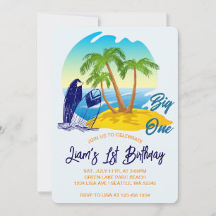 Big One Birthday Boy Beach Theme Personalized Name Invitation