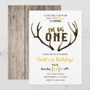 Big One Deer Antlers Rustic 1st Birthday Party Inv Invitation