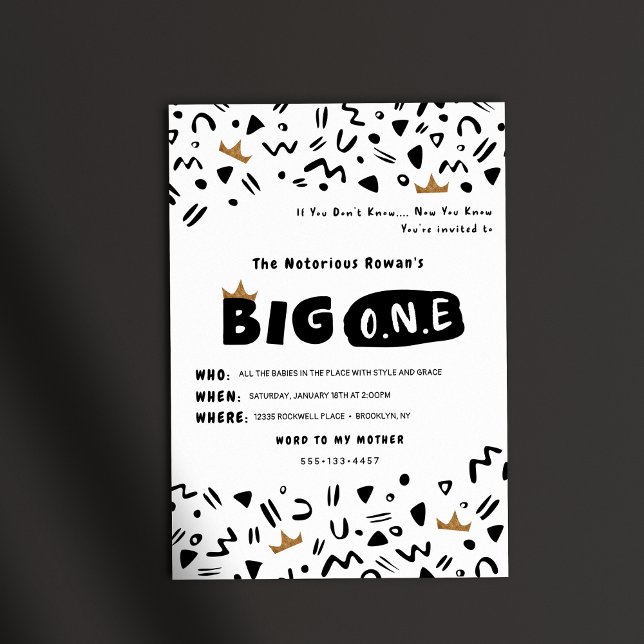 BIG One First Birthday invitation (Big one Birthday invitation, custom Notorious ONE 90's pattern invitation shown on dark background)