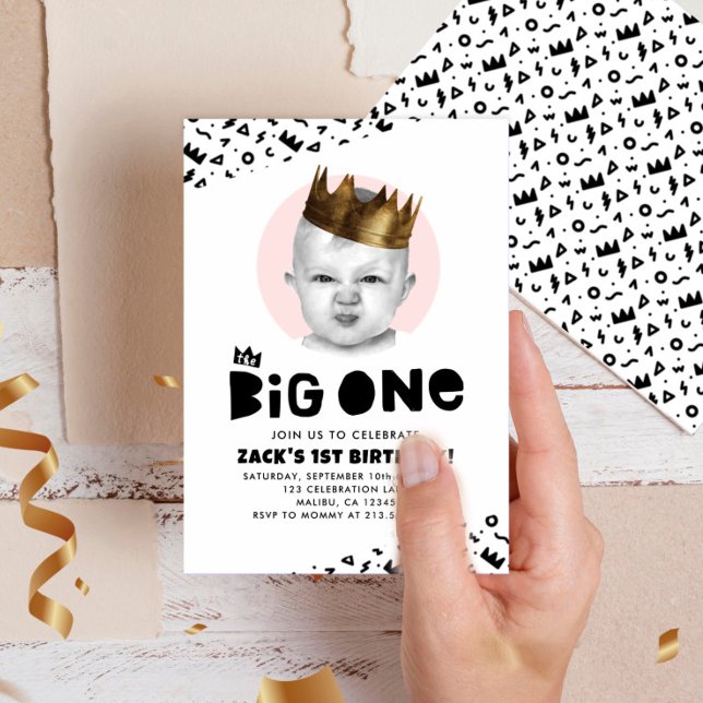 Big One First Birthday Modern Photo Black White Invitation (Creator Uploaded)