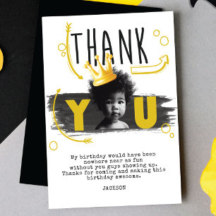 BIG ONE First Birthday Photo Black White Yellow Thank You Card
