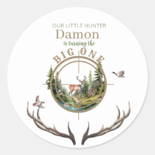 Big One Hunting First Birthday Classic Round Sticker