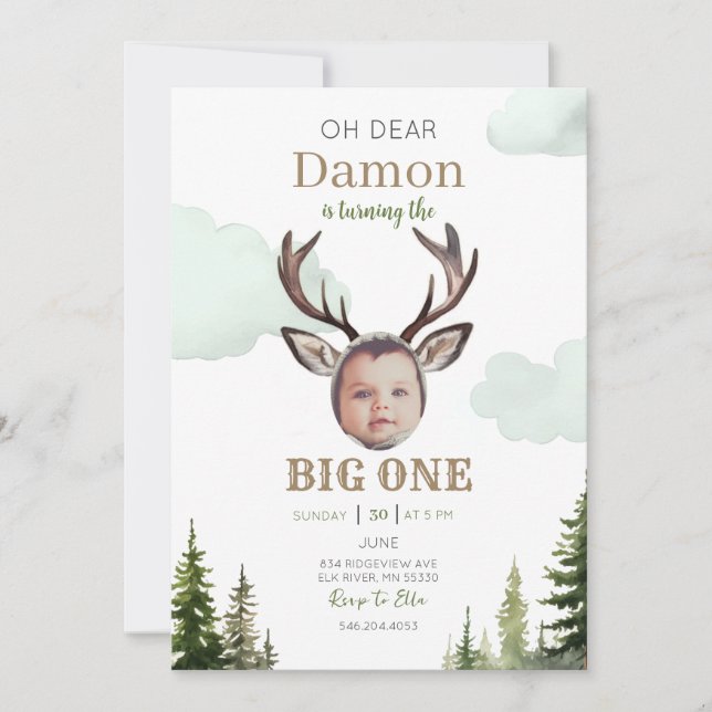 Big One Hunting First Birthday Photo Invitation (Front)