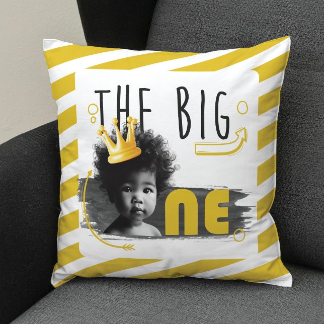BIG ONE Photo Personalised Black White Yellow Cushion (Creator Uploaded)