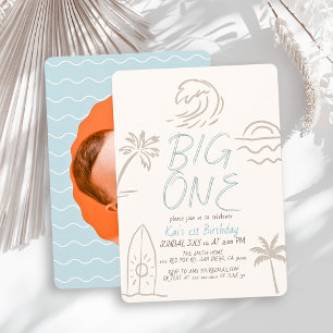 Big One Surfboard Doodle Blue Photo 1st Birthday Invitation