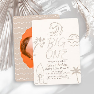 Big One Surfboard Doodle Photo Beige 1st Birthday Invitation