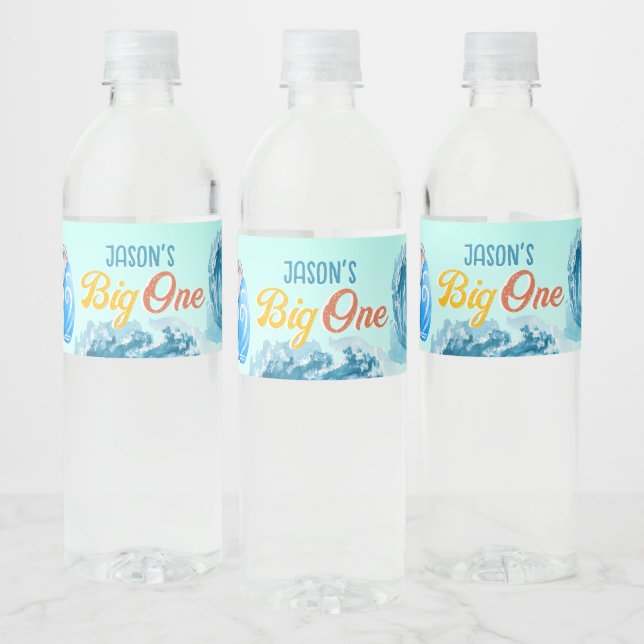 Big One surfing beach 1st birthday party elephant Water Bottle Label (Bottles)