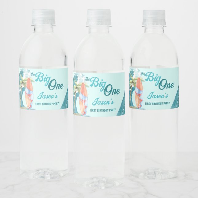 Big one surfing beach birthday party personalised water bottle label (Bottles)