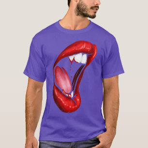 Big open Female Mouth Vampire Fangs with Blood Hal T-Shirt