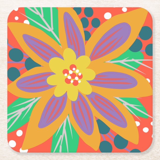 big orange flower  square paper coaster (Front)