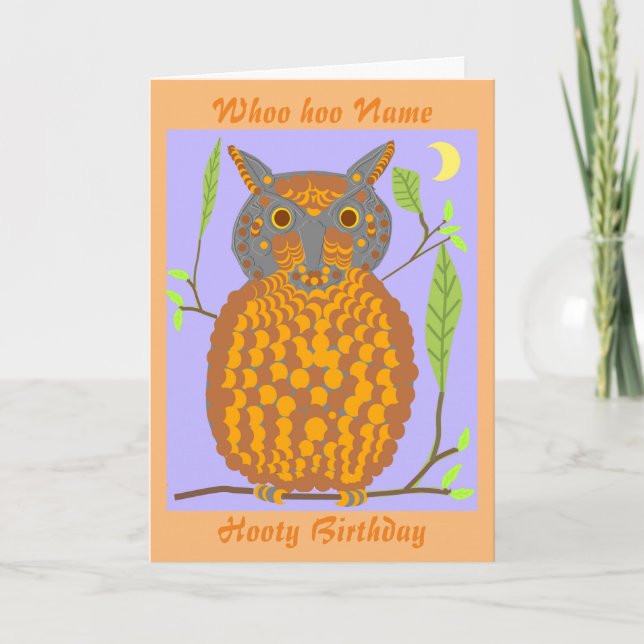 Big Orange Owl birthday card add name front (Front)