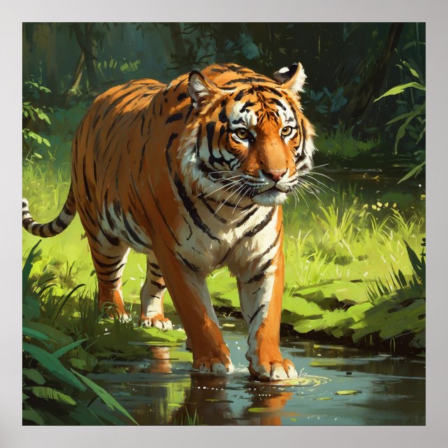 Big Orange Tiger in Jungle Wildlife Painting Poster (Front)