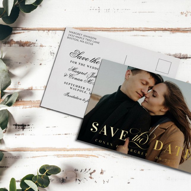 Big Photo Gold Foil Save the Date Foil Invitation Postcard (Creator Uploaded)
