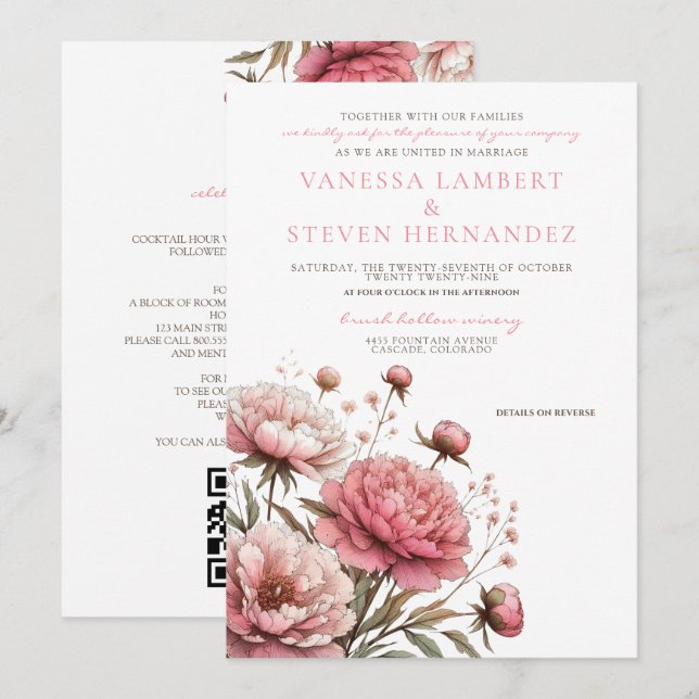 Big Pink Blooms Wedding Invitation (Front/Back)