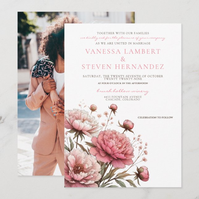 Big Pink Blooms Wedding Invitation (Front/Back)
