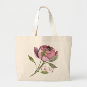 Big Pink Flower with Name Large Tote Bag