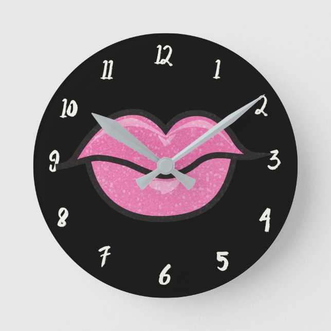 Big Pink Glitter Lips Lipstick Kiss Glamour Glam Round Clock (Front)