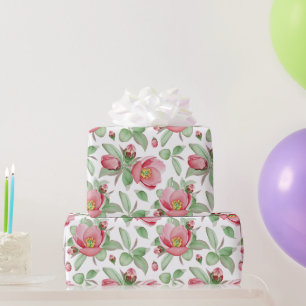 Big Pink Magnolia Flowers on White Wrapping Paper