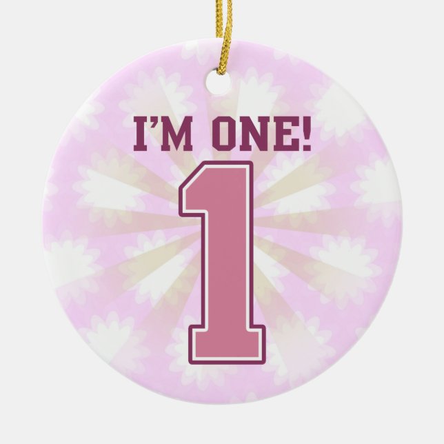 Big Pink Number One, Girl's First Birthday Ceramic Tree Decoration (Front)