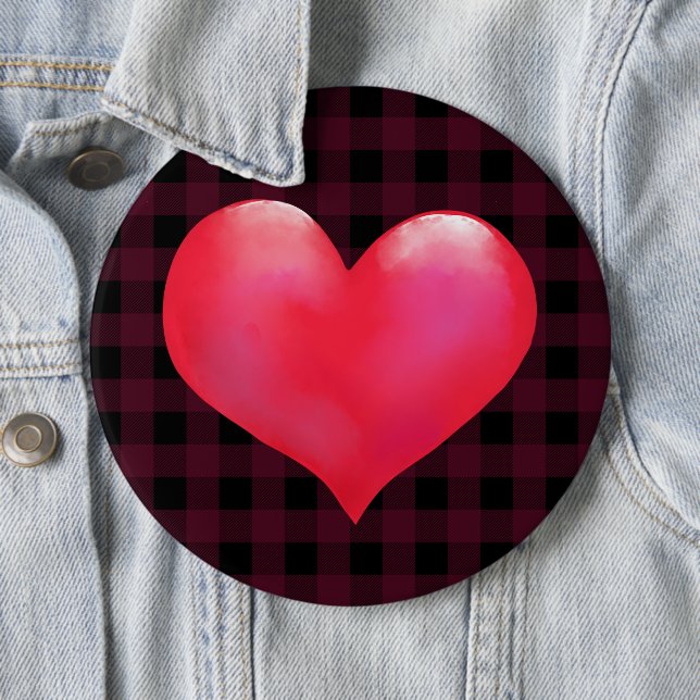 Big Pink Painted Heart | Buffalo Plaid Valentine 6 Cm Round Badge (In Situ)