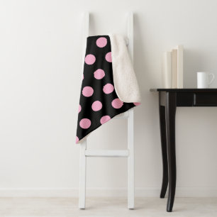 Big Pink Polka Dots on Black Sherpa Blanket