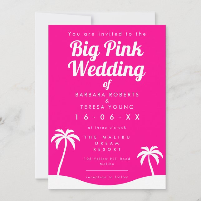 Big Pink Wedding Barbiecore Trendy Palm Tree Beach Invitation (Front)