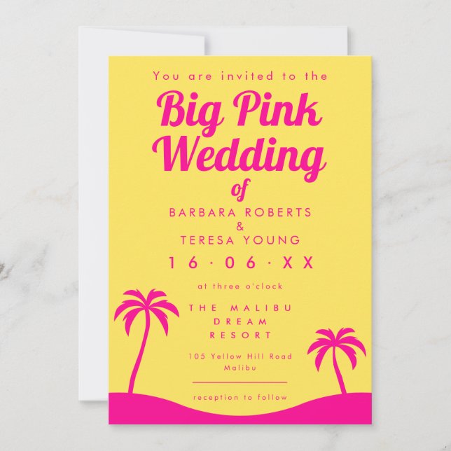 Big Pink Wedding Barbiecore Trendy Yellow Beach Invitation (Front)