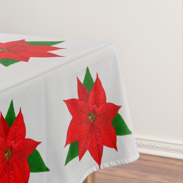 Big Poinsettia Flower Pattern on Light Silver Grey Tablecloth (In Situ)