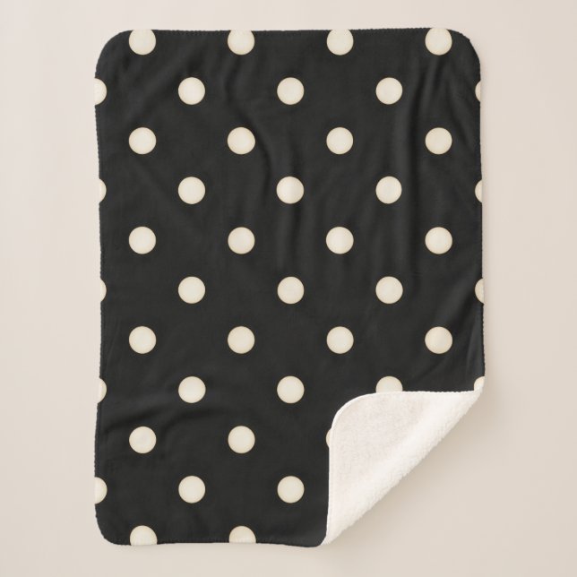 Big Polka Dots Antique White and Black Sherpa Blanket (Front)