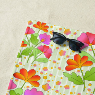 Big Pop Colour Flowers Pink and Orange Pale Green Beach Towel