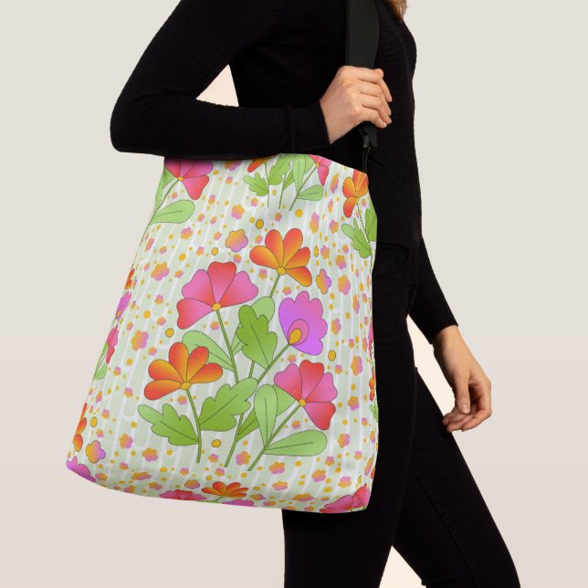 Big Pop Colour Flowers Pink and Orange Pale Green  Crossbody Bag (Close Up)
