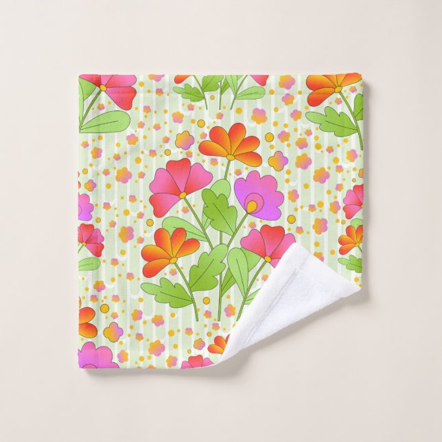 Big Pop Colour Flowers Pink and Orange Pale Green  Wash Cloth (Wash Cloth)