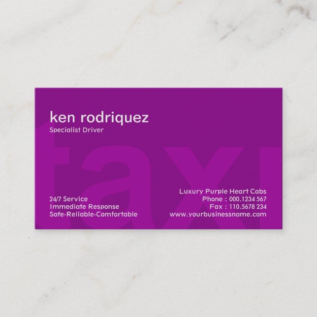 Big Purple Taxi Letters Simple Elegant Taxi Driver Business Card (Front)