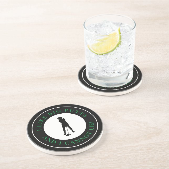 Big Putts Funny Lady Golfer Modern Black Green Coaster (Side)