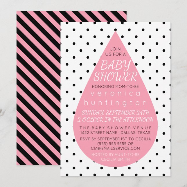 Big Raindrop & Polka Dots Pink Baby Shower Invitation (Front/Back)