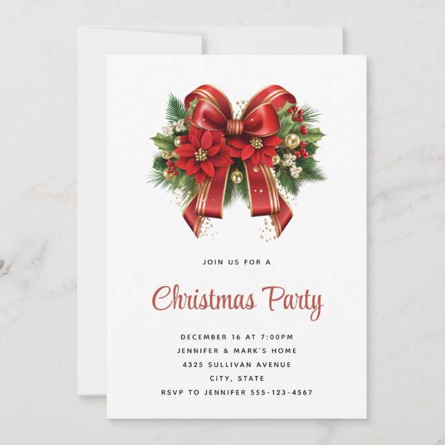 Big Red and Gold Christmas Bow Holiday Party Invitation (Front)