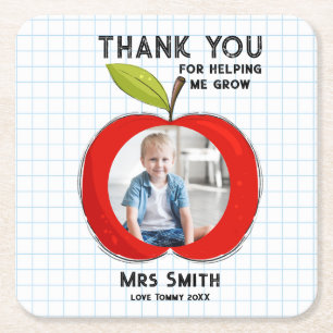 Big Red Apple Teacher Thank You Photo Square Paper Coaster