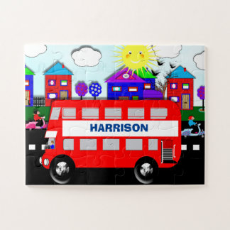 Big Red Bus Cute Personalized Kids Jigsaw Puzzle