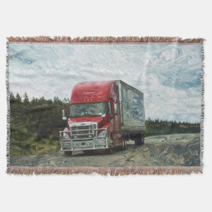 Big Red Cargo Truck Highway Driving Art Design Throw Blanket