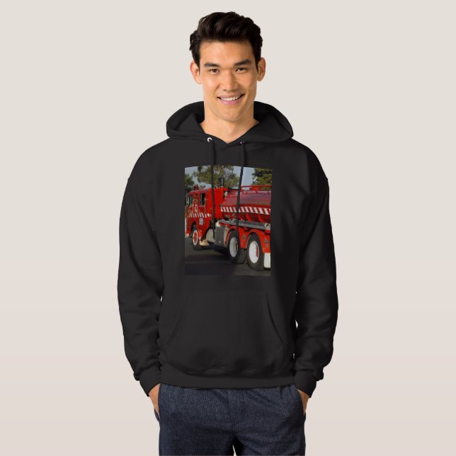 Big_Red Fire Engine, Mens Black Hooded Sweatshirt (Front Full)