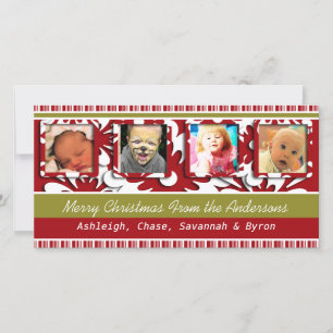Big Red Flowers Tiny Stripes Christmas Photo Holiday Card