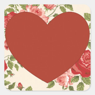 Big Red Heart and Flowers Background Square Sticke Sticker