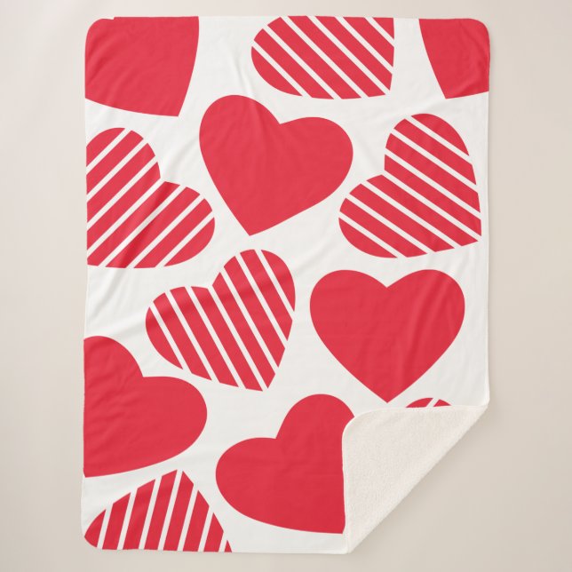Big Red Hearts With Stripes Pattern On White Sherpa Blanket (Front)