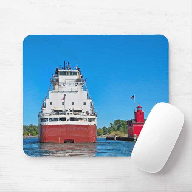 Big Red Lighthouse and a Freighter Mouse Mat (With Mouse)