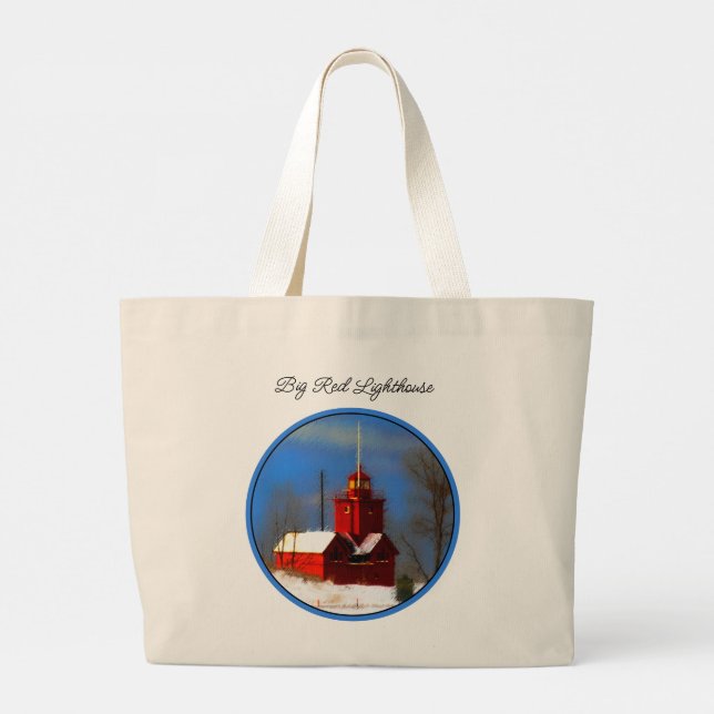 Big Red Lighthouse Painting Holland Original Art Large Tote Bag (Back)