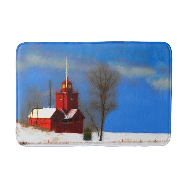 Big Red Lighthouse Painting - Original Art Bath Mat (Front)