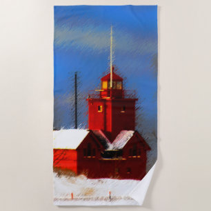 Big Red Lighthouse Painting - Original Art Beach Towel