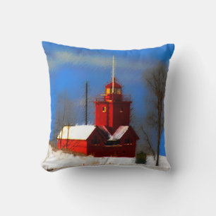 Big Red Lighthouse Painting - Original Art Cushion