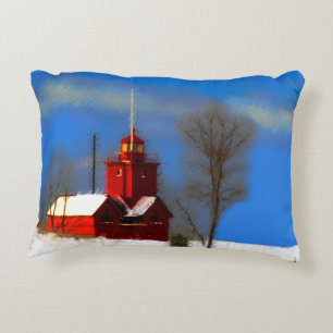 Big Red Lighthouse Painting - Original Art Decorative Cushion
