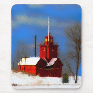 Big Red Lighthouse Painting - Original Art Mouse Mat